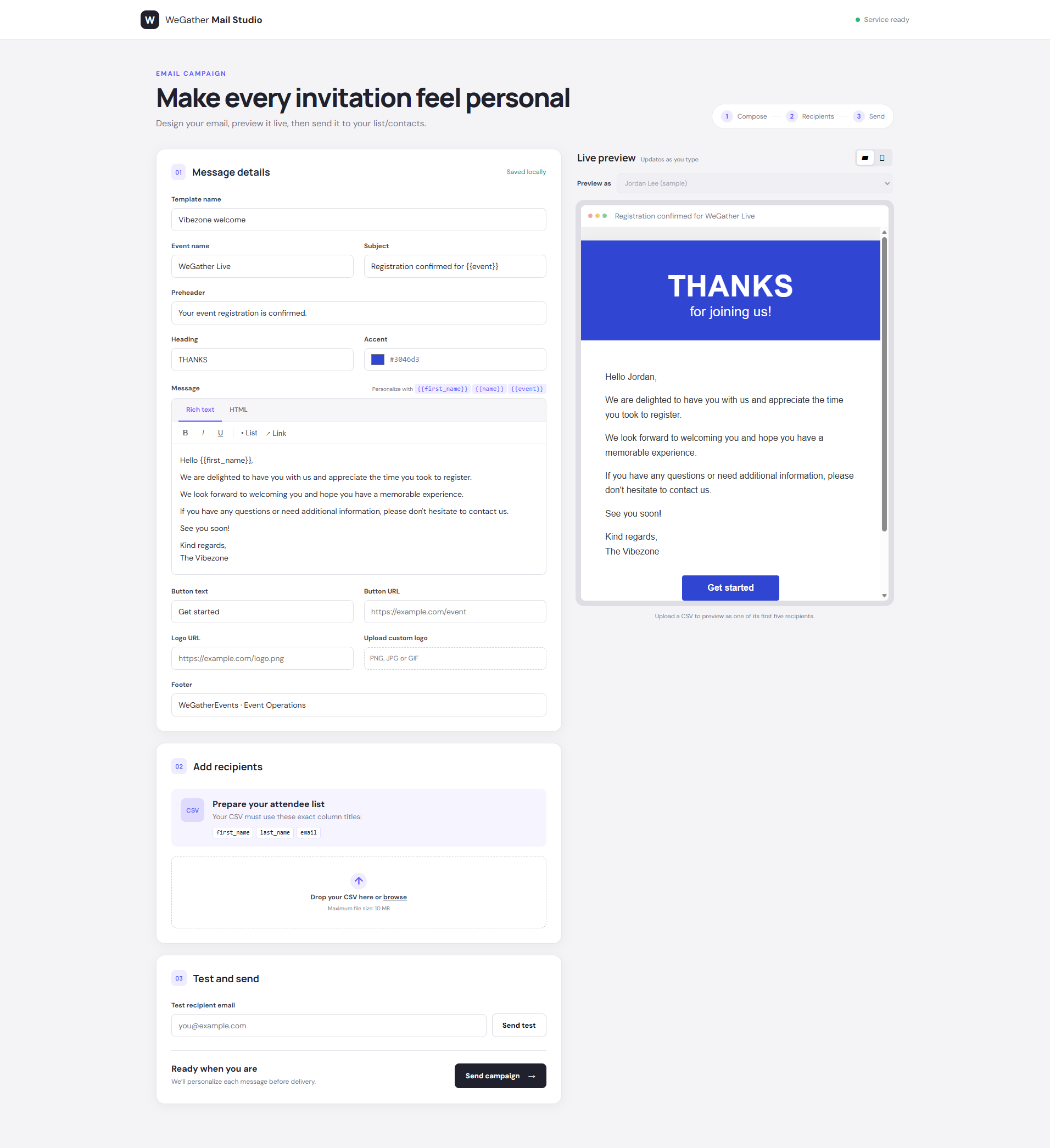 MailStudio email campaign composer and live preview interface