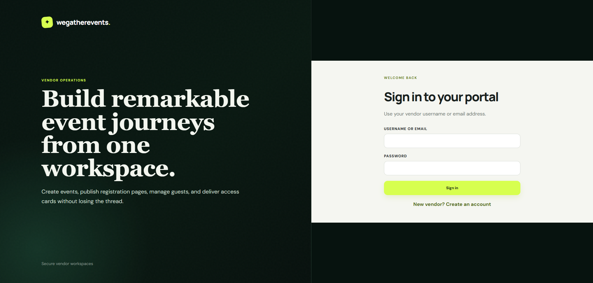 WeGatherEvents vendor portal sign-in screen