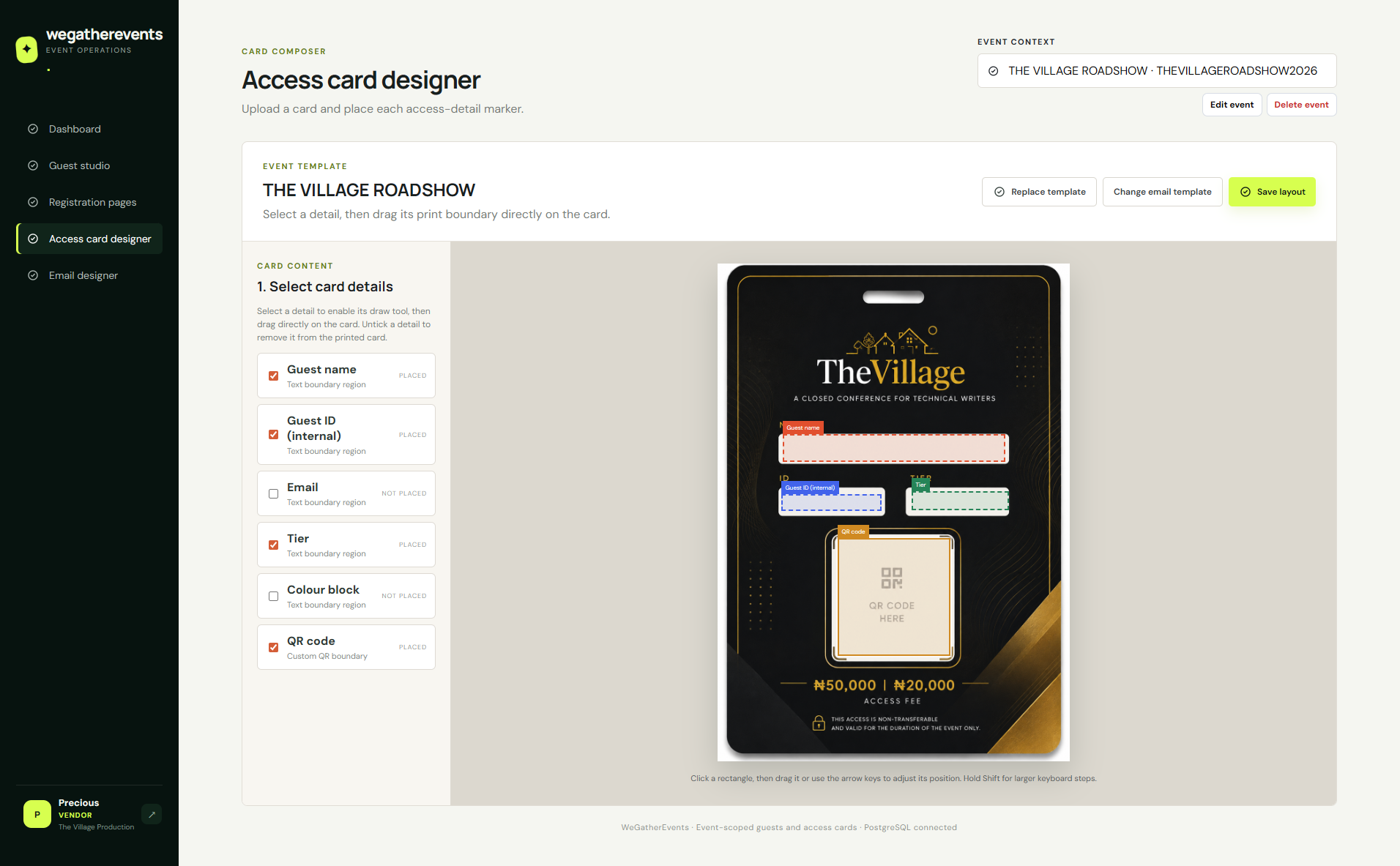 WeGatherEvents access-card designer with draggable guest data regions