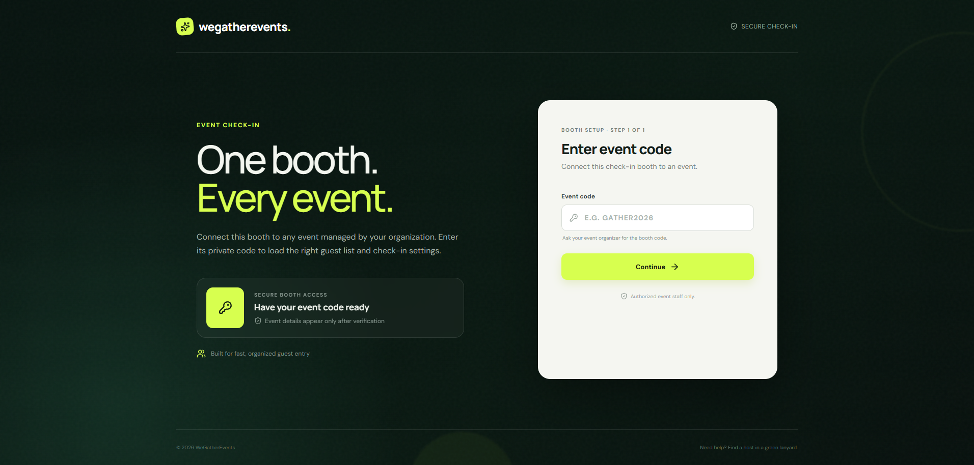 WeGatherEvents check-in booth event code screen